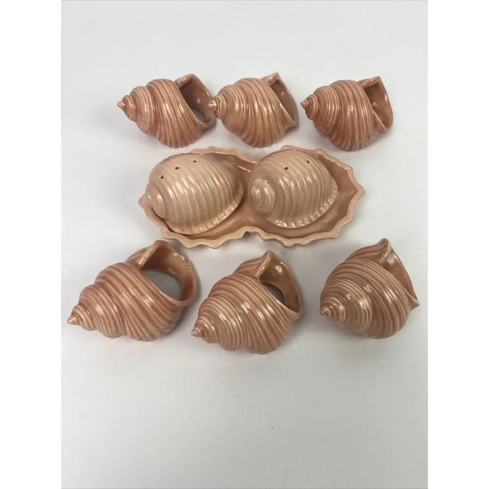 Vintage 1984 Seashells Napkin Rings Set Of 6 Shells‎ & Salt Pepper Shakers